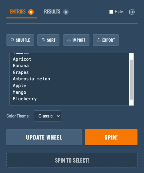 Controls Area for Spin The Wheel