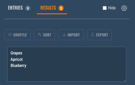 Results tab active, showing list area and count
