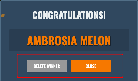 the Winner Modal showing title, winner name, Close, and Delete buttons